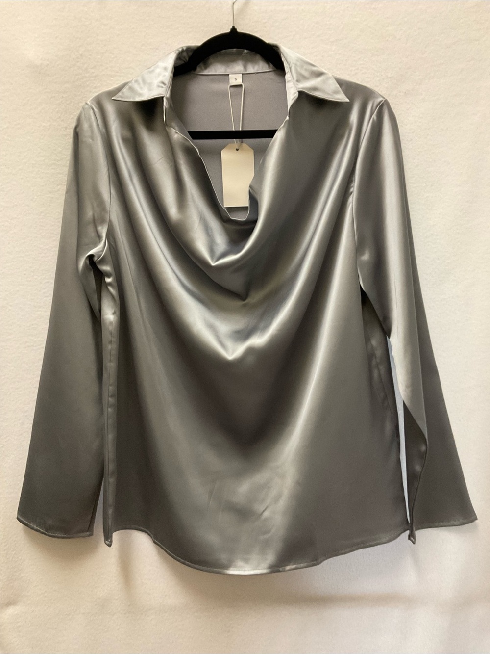 Satin Drape Neck Long Sleeve Top-Gray